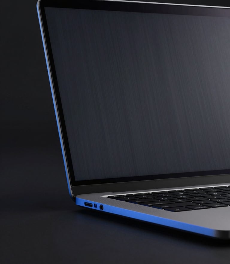 Close-up detail of a premium dark-mode user interface on a brushed-metal laptop screen, sharp blue rim highlights, dark minimalist background