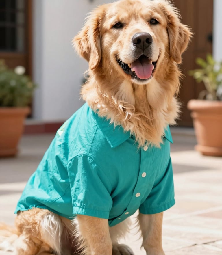 Medium shot of a happy golden retriever wearing a vibrant teal handmade shirt, sitting comfortably in a sunlit Mexican patio, shallow depth of field