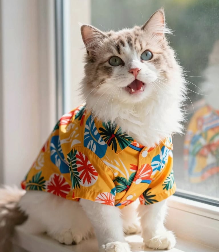 A happy fluffy cat wearing a custom-fit colorful Hawaiian shirt, sitting comfortably on a sunny window sill, shallow depth of field.