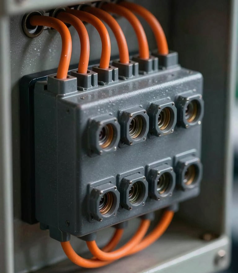 Macro shot of industrial control panel wiring terminals, safety orange wires contrasting with dark grey steel, dramatic directional lighting.