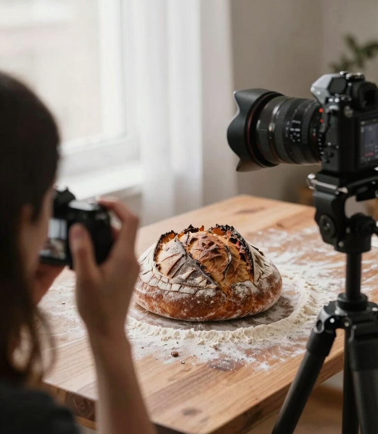 Over-the-shoulder shot of a photographer adjusting a camera on a tripod, capturing a rustic sourdough loaf on a flour-dusted wooden table under soft, diffused window light.