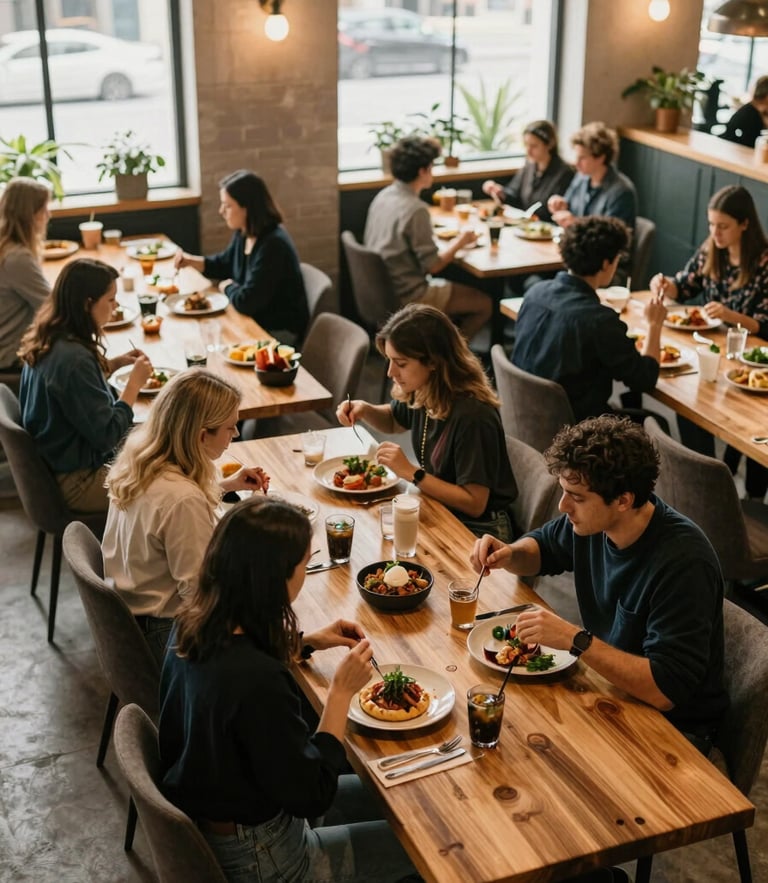 Overhead shot of a bustling modern food hall with natural light streaming through high windows, long wooden tables, people enjoying artisanal plates, warm editorial style, 35mm lens.