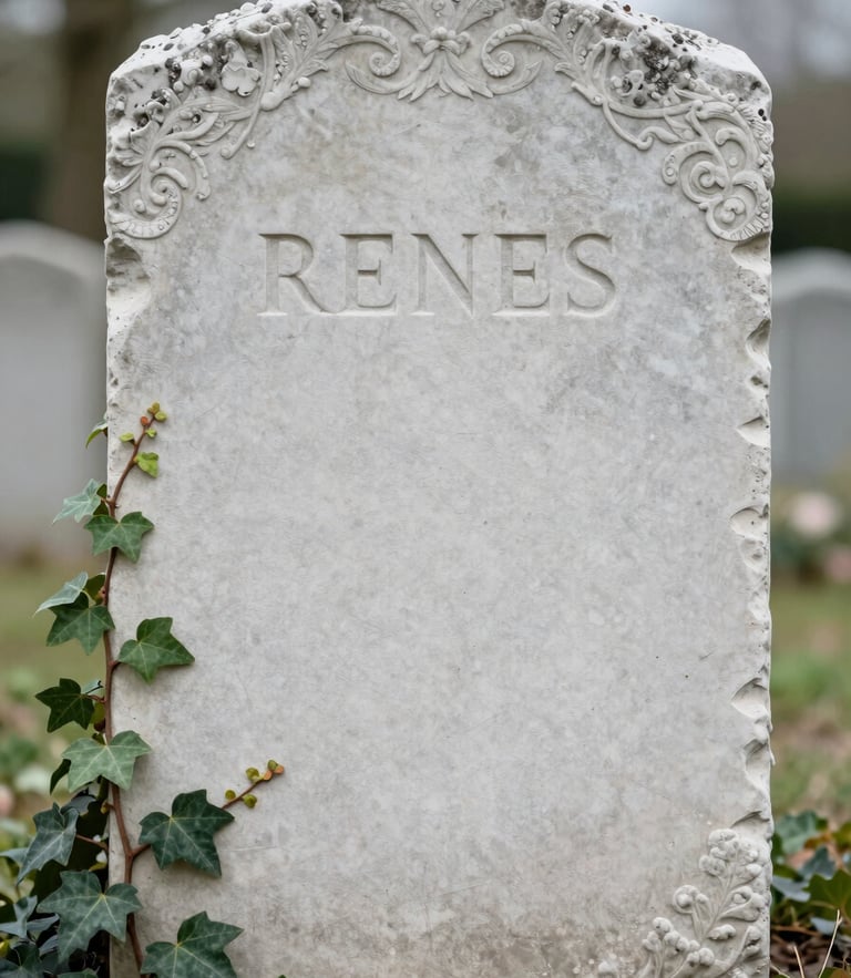 Quiet close-up of a clean limestone grave marker in Reims under soft overcast light, delicate ivy growing naturally nearby, serene atmosphere.