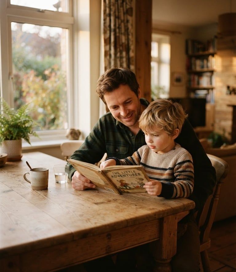 A warm, natural-light photograph of a father and son sitting at a wooden dining table, reading a book together, soft golden hour light filtering through a window, 35mm film look.