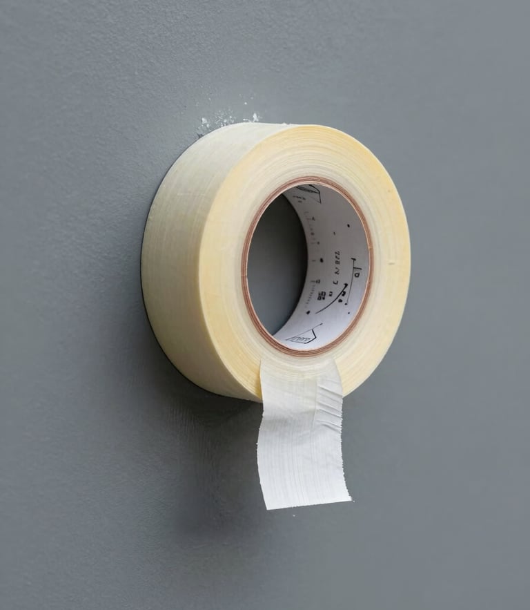 A straight-on macro shot of clean painter's tape being pulled back to reveal a razor-sharp paint line on a slate gray wall, natural bright daylight