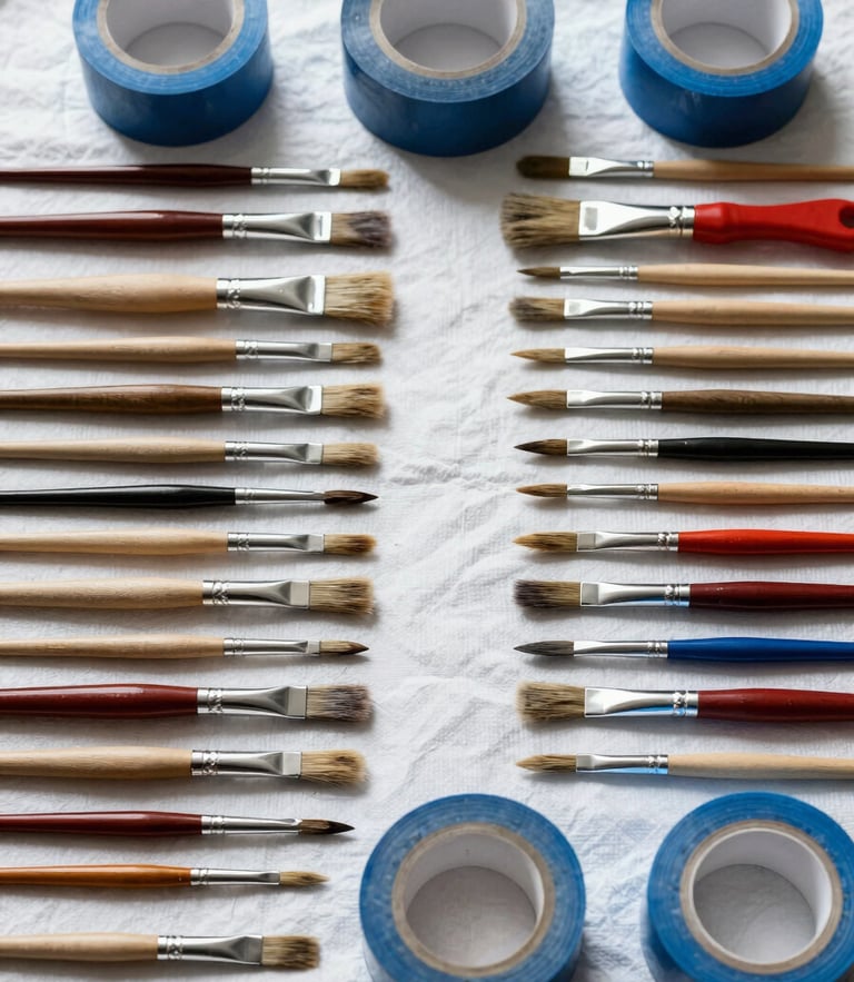 A neatly organized array of professional painting tools, clean brushes, and rolls of blue tape laid out symmetrically on a clean drop cloth in bright daylight.