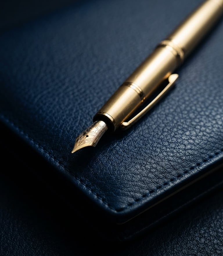 A close-up macro shot of an elegant gold fountain pen resting on a crisp leather-bound folio, dramatic side-lighting, deep navy shadows, editorial corporate photography, 35mm.
