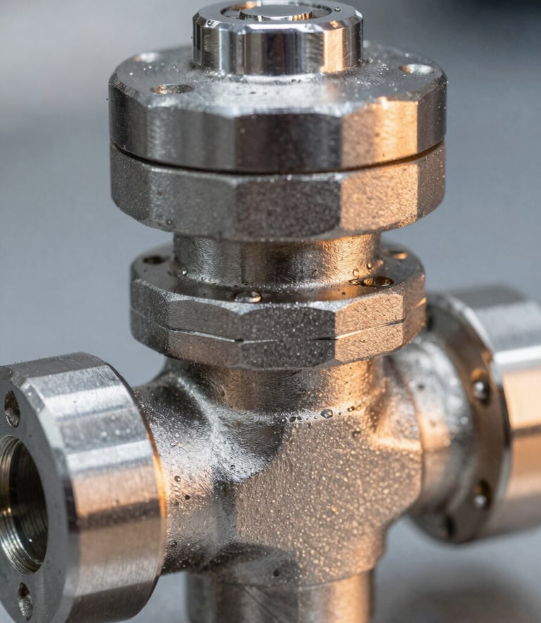 Macro shot of a high-precision stainless steel industrial valve, crisp lighting, metallic details, cool steel tones with warm amber highlights, 50mm lens.