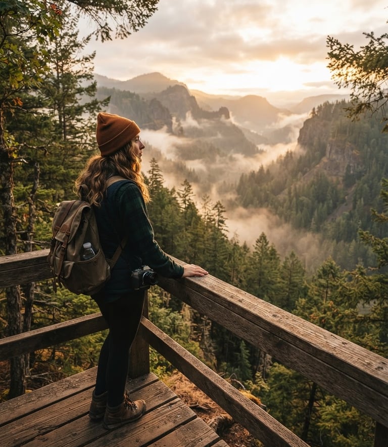 A vertical portrait of a traveler standing on a wooden overlook, looking out at a deep misty forest canyon at golden hour, warm cinematic lighting, authentic atmosphere.