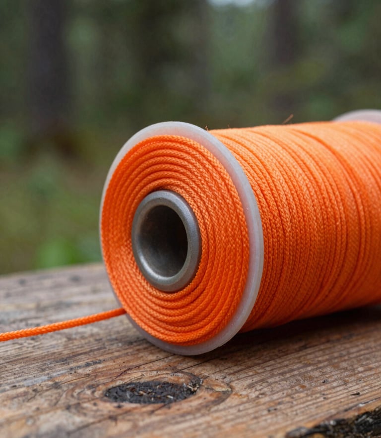 Close-up of a perfectly spliced rope eye with safety orange whipping thread, resting on a rustic wooden workbench, natural daylight