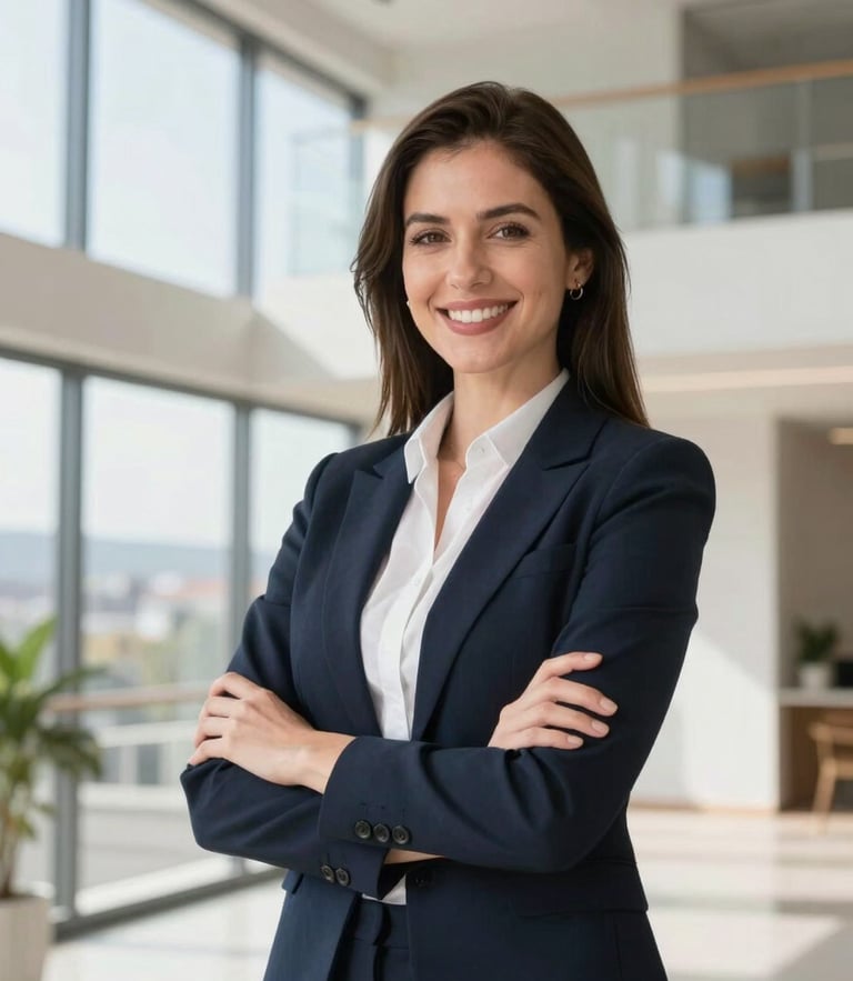 A professional real estate broker in a bright, modern interior with natural daylight, smiling confidently, architectural lines of Ambato in the background, 35mm lens