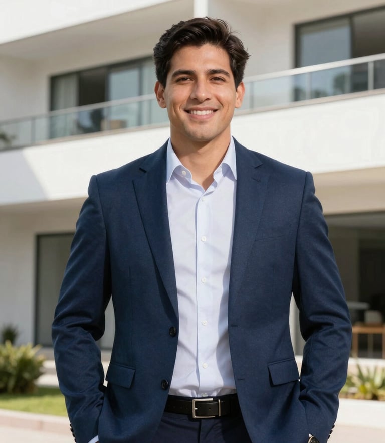 Professional outdoor portrait of real estate broker Andrés Vaca in Ambato, bright natural daylight, clean modern architecture background, real estate editorial style