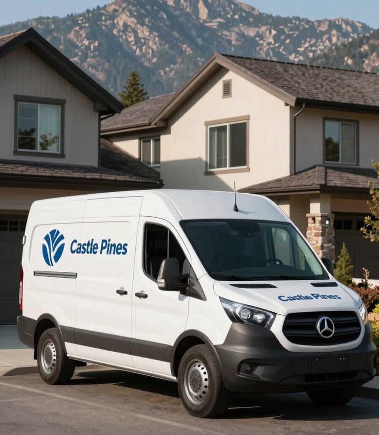 A clean, branded service van parked in front of a modern Castle Pines estate during bright morning mountain light, emphasizing professional local presence.