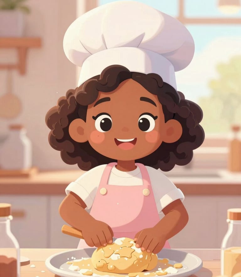 A friendly cartoon illustration of a young Black tween girl baker with medium-length brownish-black curly hair, wearing a soft pastel apron, happily mixing cookie dough in a warm, cozy kitchen.