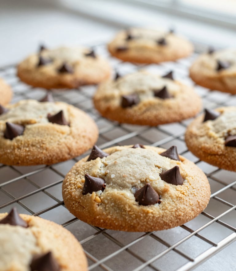 Close-up macro shot of freshly baked chocolate chip cookies on a wire cooling rack, melting chocolate chips, warm morning window light, shallow depth of field.