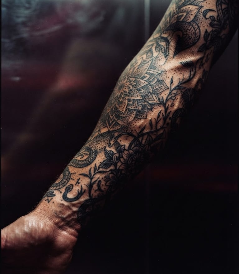 Moody editorial close-up of a textured arm with intricate black ink tattoos, high-contrast directional lighting casting deep shadows, metallic chrome background with deep burgundy reflections, 35mm film style.