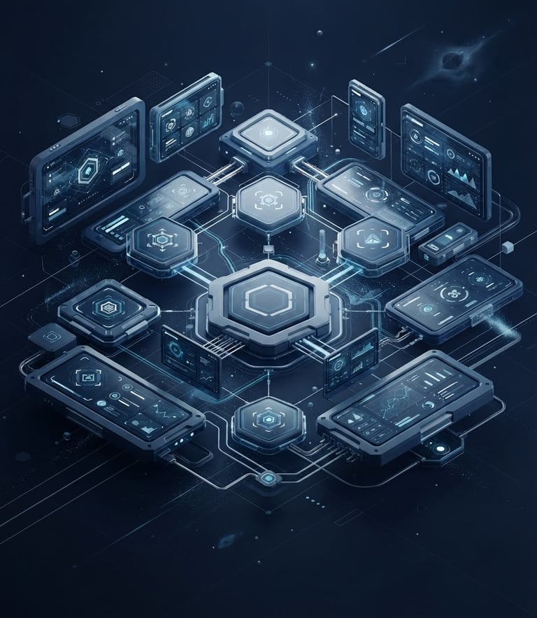 Sleek 3D render of a modular software interface floating in a clean dark blue space, cool diffused studio light, isometric perspective, sharp slate-gray borders