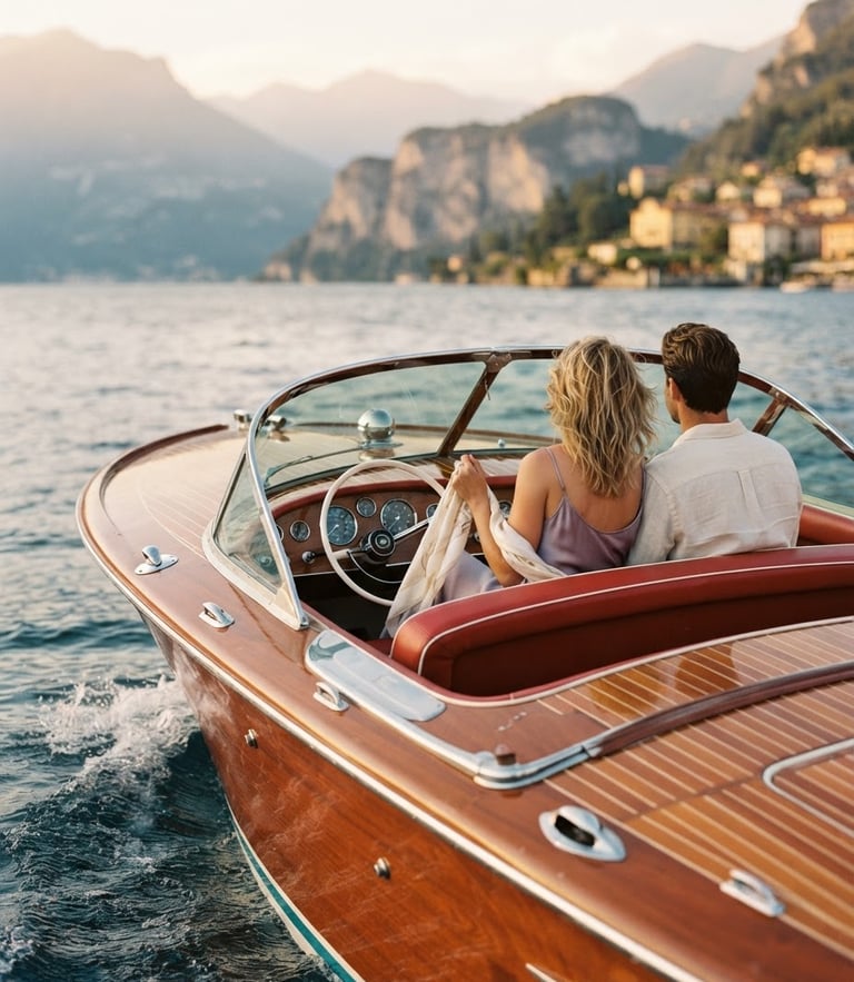 A romantic close-up of a vintage wooden Riva boat gliding on deep blue water, soft golden hour light, blurred mountains in the background