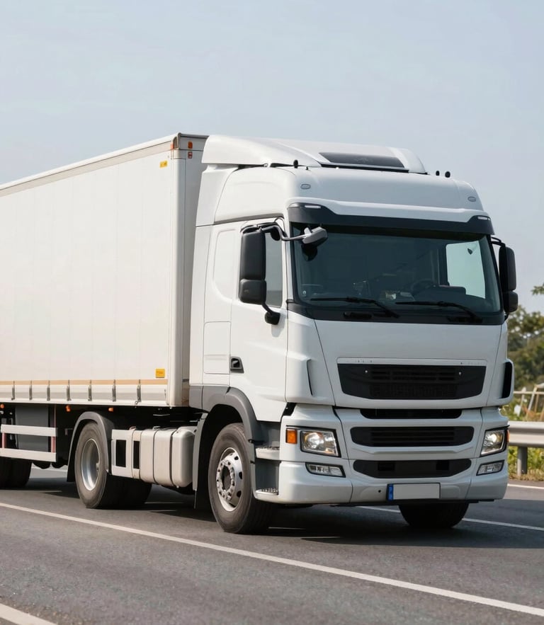 Realistic commercial transportation photography, bright natural daylight, clean modern semi-truck (ciągnik siodłowy) with a curtain-side trailer on a highway, professional editorial style