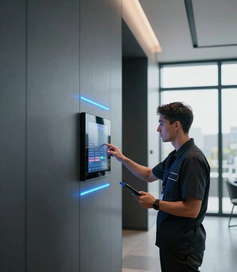 Wide architectural shot of a modern Istanbul interior in cool daylight, a professional technician in a clean dark uniform inspecting a high-end wall-mounted touch panel, subtle blue LED glows.