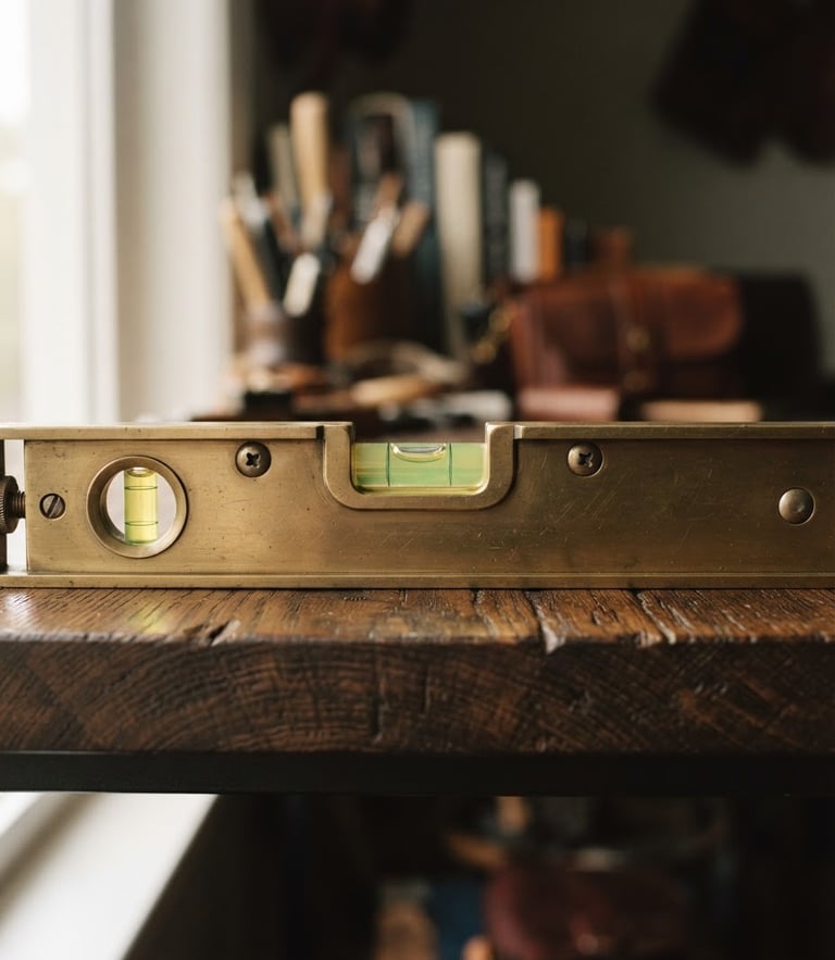 Macro shot of a high-end brass spirit level resting perfectly flat on a dark oak shelf, soft natural window light, shallow depth of field, 35mm