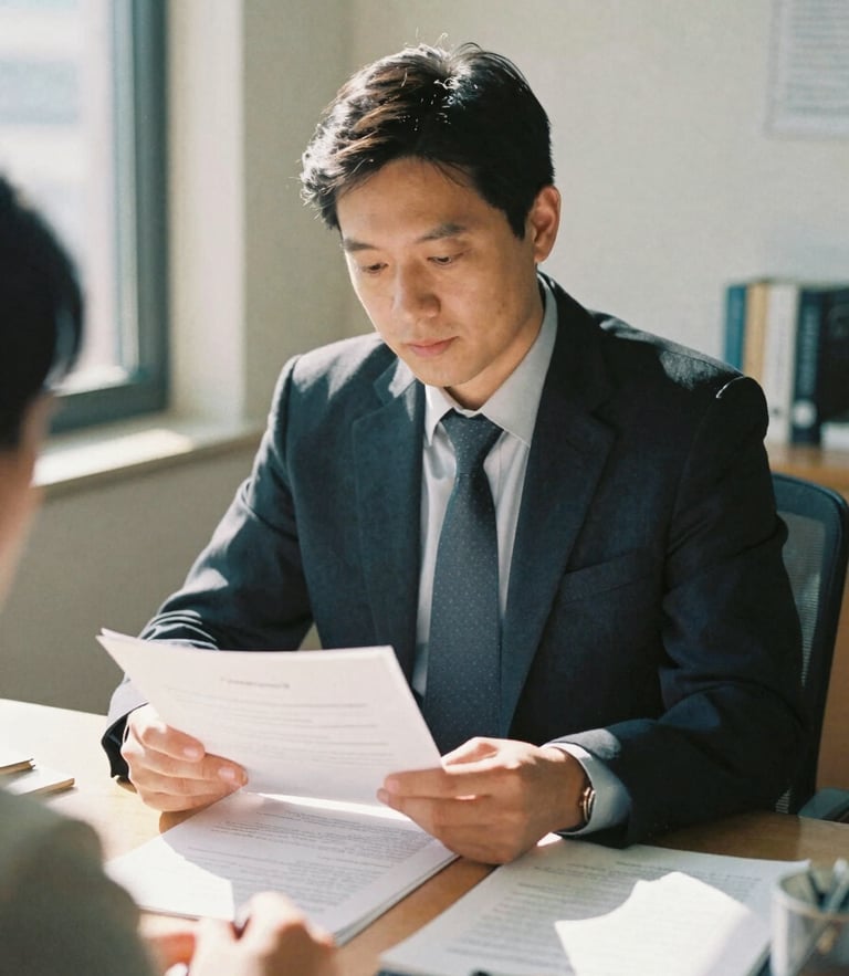 A warm, candid portrait of a licensed insurance agent in a sunlit office, reviewing physical documents with a client, soft natural daylight, 35mm film style.