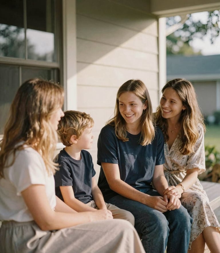 Warm environmental photograph of a family sitting on a sunlit porch, soft natural golden hour light, muted earth tones, 35mm film style, shallow depth of field