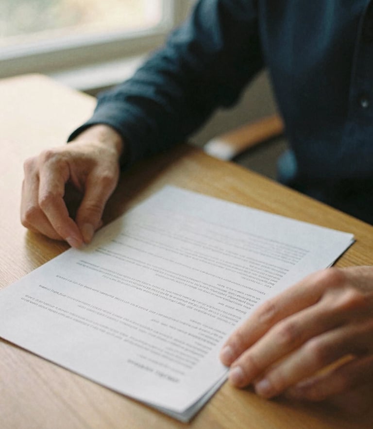 A warm environmental close-up of hands reviewing physical insurance paperwork on a wooden table, soft golden hour light filtering through a window, 35mm film style.