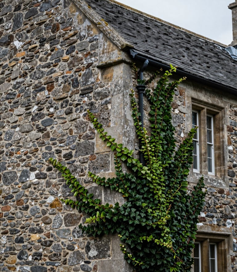 A vertical portrait composition of a weathered Welsh stone wall and slate roof corner, soft overcast daylight, muted moss green ivy climbing the stone, elegant architectural detail.