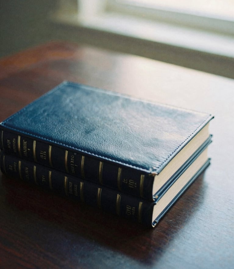 Close-up of elegant leather-bound law books on a solid dark oak desk, soft natural window light, muted navy and slate tones, shallow depth of field