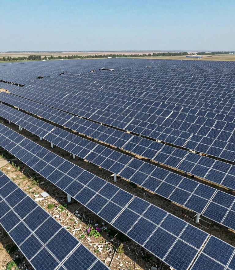 Crisp industrial photography of a massive utility-scale solar farm stretching to the horizon under bright daylight, wide-angle aerial view