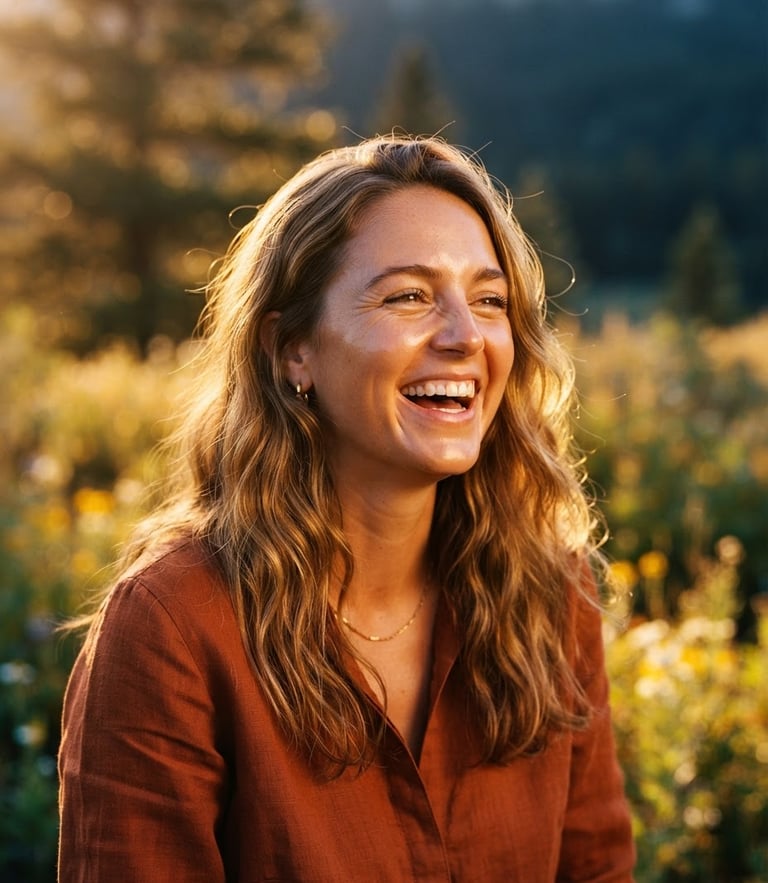 A warm editorial portrait of a person laughing in golden-hour sunlight, rich amber tones, shallow depth of field, 35mm