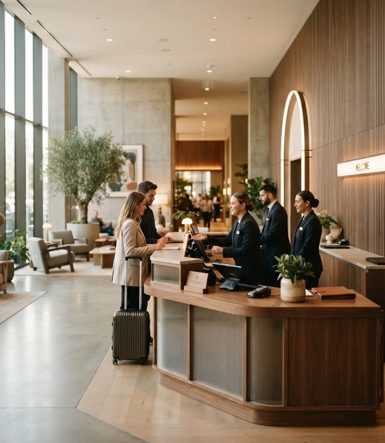 Warm daylight illuminating a modern hotel lobby reception desk with clean lines, minimal architectural details, 35mm photography