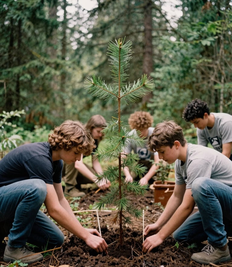 Candid outdoor photography of young volunteers planting Douglas fir saplings in damp forest soil, soft overcast Pacific Northwest daylight, rich forest greens and earthy tones, 35mm film style