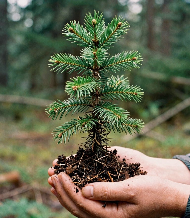 Candid close-up shot of a volunteer's hands holding a native Douglas fir sapling in dark, damp soil, soft overcast Pacific Northwest daylight, 35mm film style.