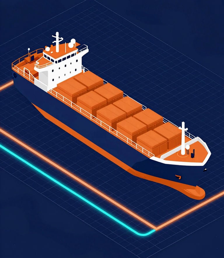 Sharp vector illustration of an isometric cargo vessel on a technical blueprint grid, deep navy background with glowing safety-orange and cyan route lines, high contrast.