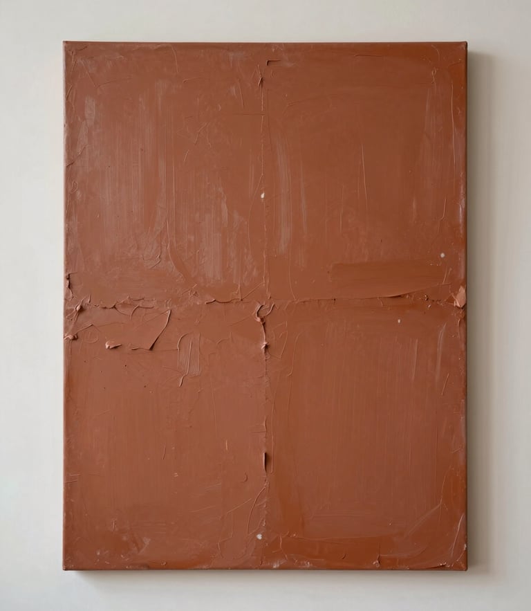 Straight-on fine art photograph of a large abstract canvas with heavy terracotta paint texture hanging on a raw plaster gallery wall, soft diffused side light.