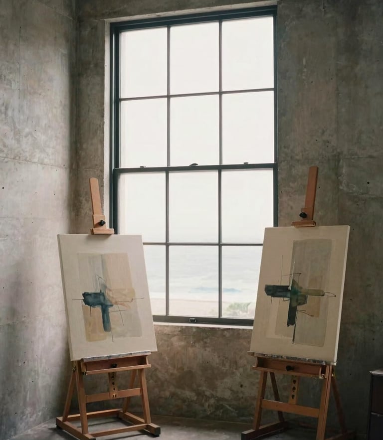Minimalist artist studio in Sydney with raw concrete walls, a large easel holding an abstract canvas, warm diffused coastal light streaming through a tall steel-framed window