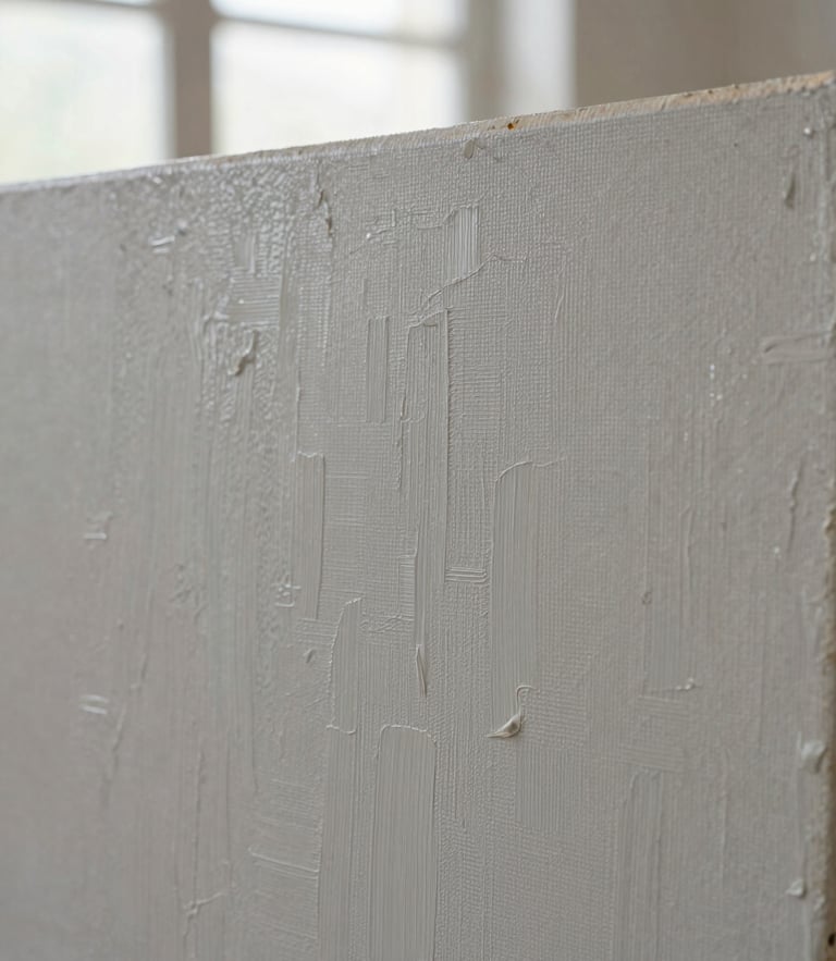 Extreme close-up of a textured oil painting canvas with heavy palette knife marks, soft side daylight from a gallery window, neutral grey undertones