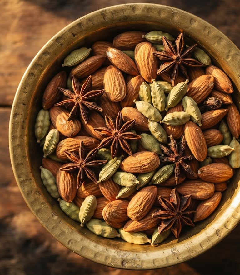 Macro overhead shot of raw almonds, cardamom pods, and star anise in a traditional brass bowl, warm golden-hour side lighting, deep shadows