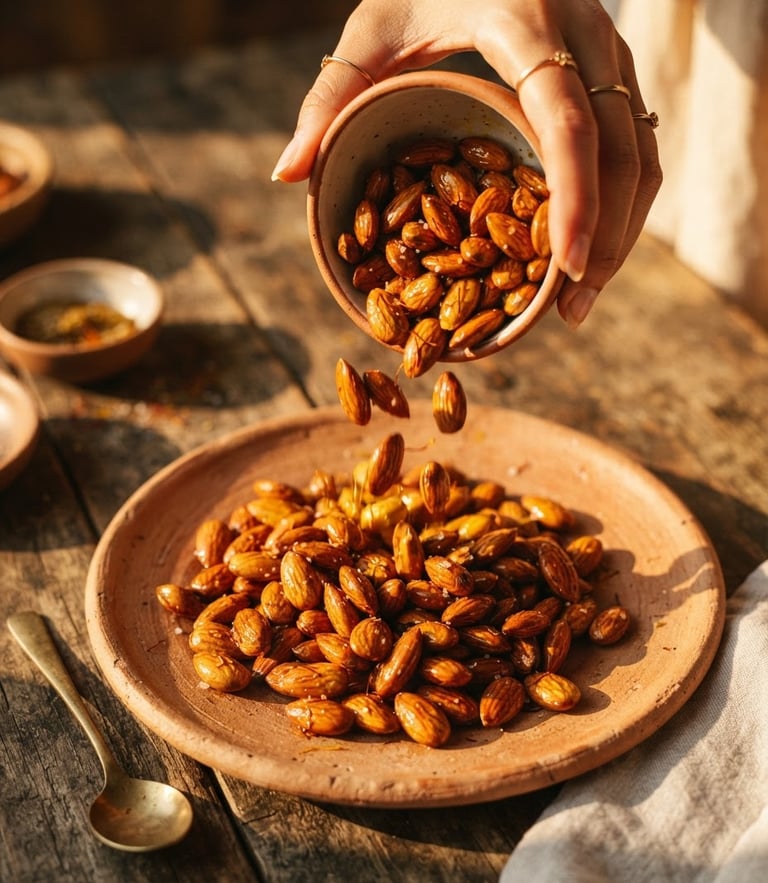 Macro overhead shot of hands mindfully pouring ghee-roasted almonds onto a clay plate, warm directional afternoon sunlight, rich saffron tones.