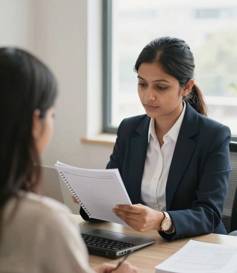 A professional CA in a bright New Delhi office reviewing physical ledgers under natural window light, over-the-shoulder view, 35mm lens.