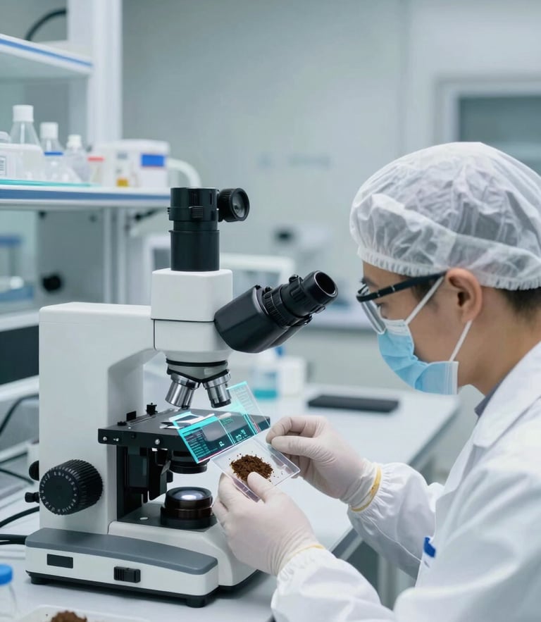 A high-tech laboratory cleanroom, clinical white lighting, a researcher in sterile gear analyzing a soil sample under a digital microscope with holographic data overlays, 35mm.