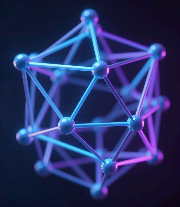 Extreme close-up macro photograph of a floating high-fidelity 3D geometric node network, glowing electric blue and neon purple directional lighting, dark space background, shallow depth of field.