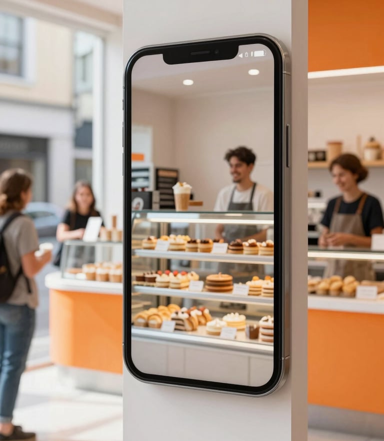 Bright editorial photography of a modern digital screen inside a busy neighborhood bakery, natural daylight, local business owners smiling in the background, 35mm lens