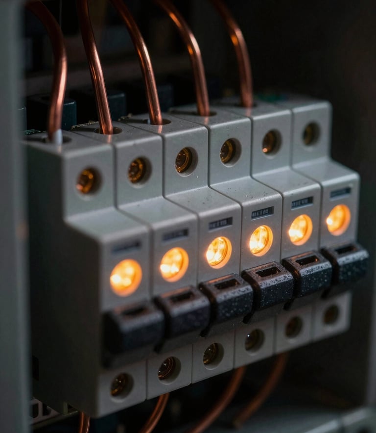 Macro close-up of a perfectly routed electrical breaker panel, pristine copper wires aligned with geometric precision, glowing amber indicator lights, low-key dramatic side-lighting, dark metallic textures, 35mm photography