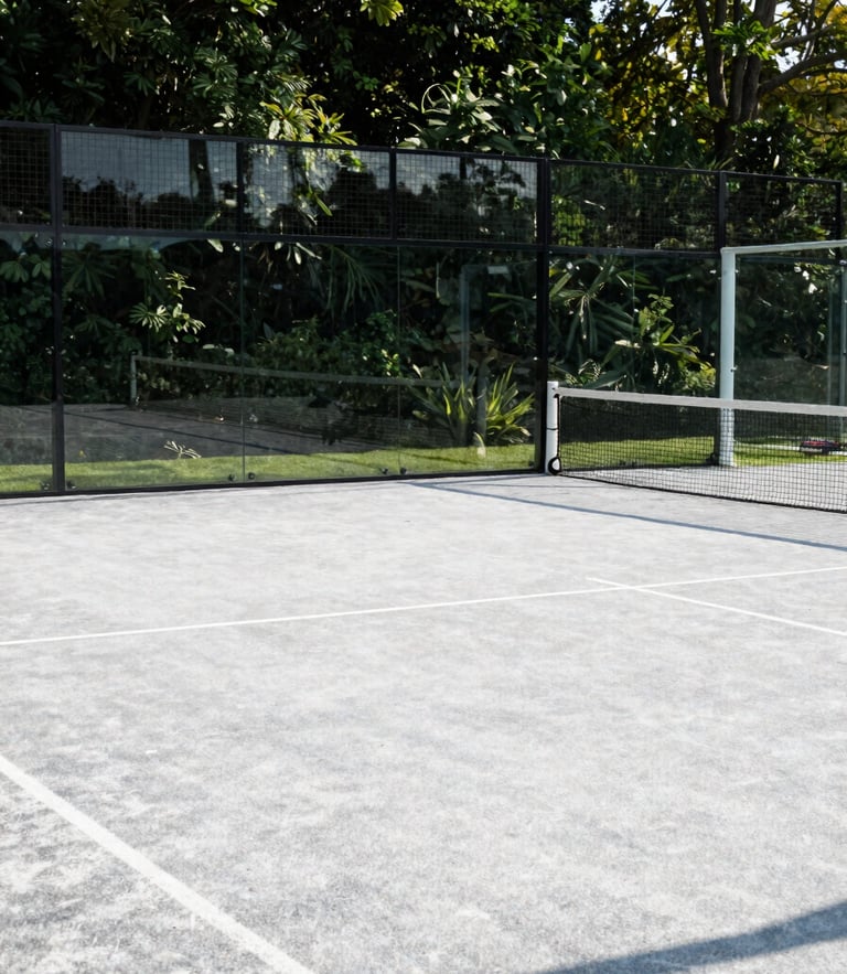 Bright morning light casting sharp shadows across a pristine outdoor padel court with forest green surroundings, Somerset, 35mm photography