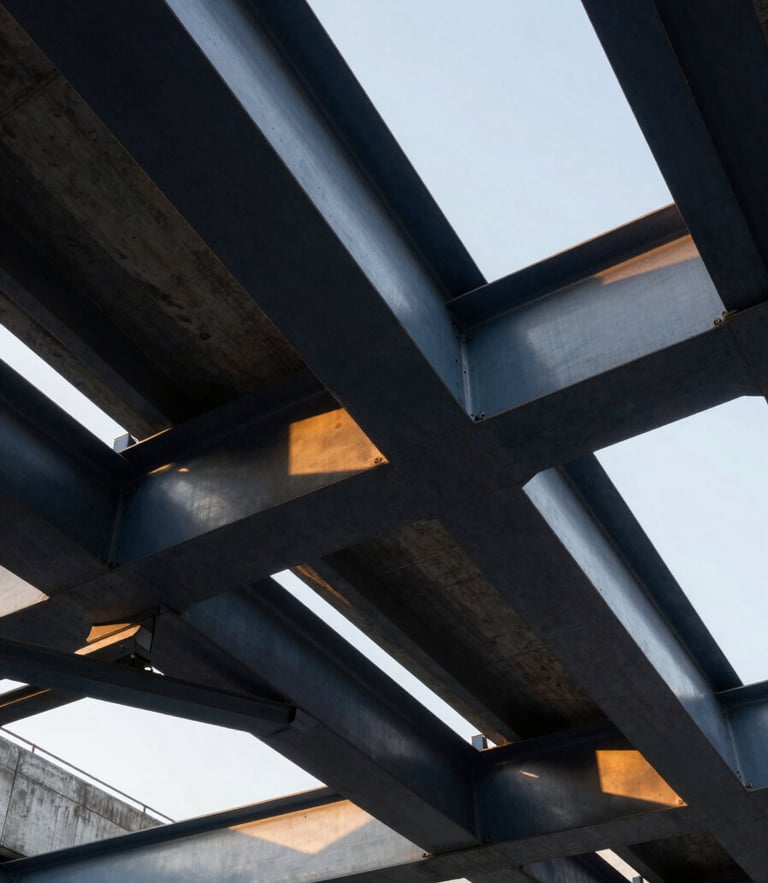 Low-angle architectural shot of massive steel beams and structural concrete under sharp daylight, deep navy shadows and warm golden reflections, professional industrial photography