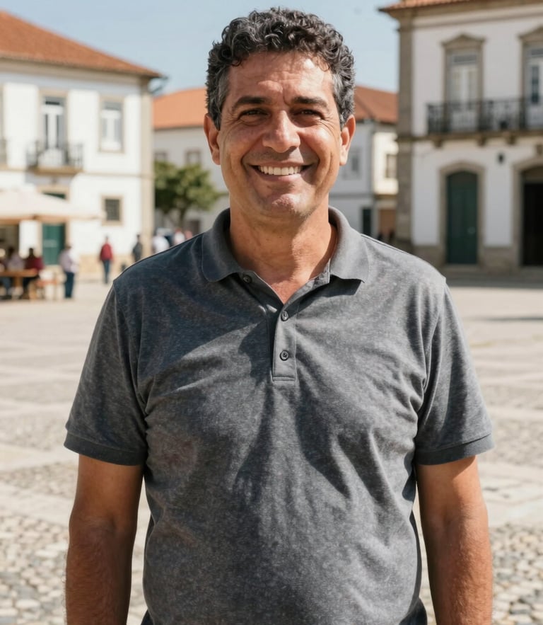 A friendly and approachable portrait of Júnior Socorrista, a local city councilor, smiling in natural outdoor daylight in a town square in Porteirinha, 35mm lens documentary style.