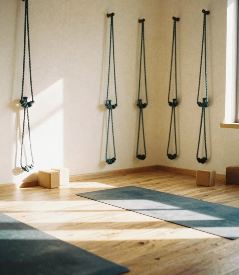Soft warm 35mm photography of a sunlit yoga shala in Mallorca, wooden floors, yoga blocks and ropes near a white wall, serene Mediterranean morning light.